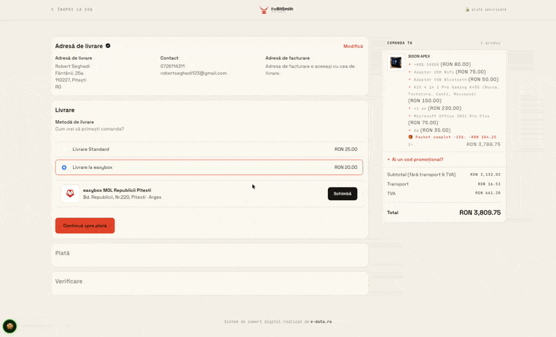 Checkout construit de e-data: selector Sameday easybox pe hartă și plata în rate prin TBI